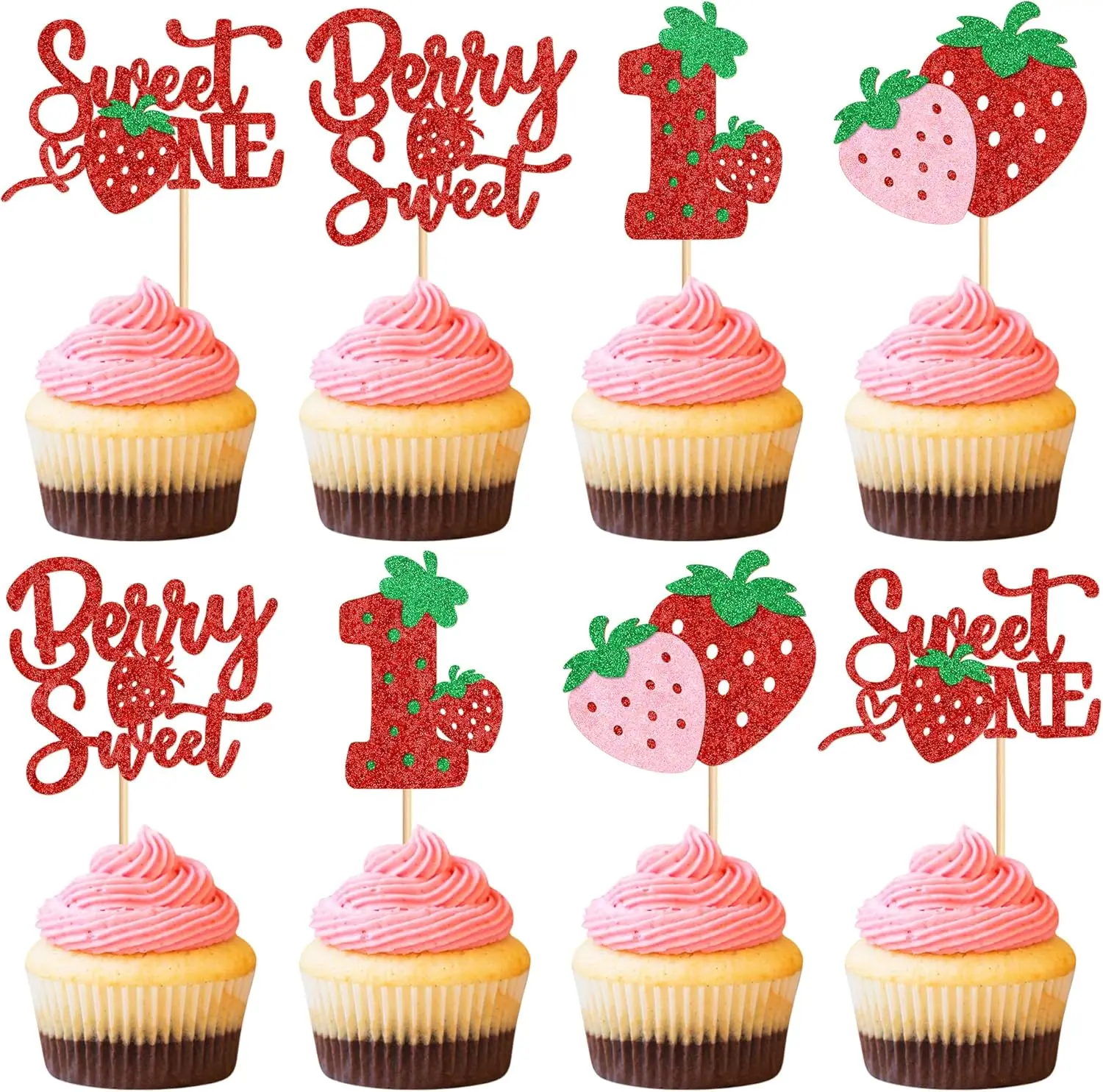 24Pcs Strawberry Sweet One Cupcake Toppers Sweet 1st Birthday Strawberry Cupcake Baby Shower Kids Birthday Anniversary Party Cake Decorations Red
