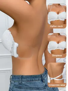Women's Lace Push-Up Backless Bandeau,Multiway Halter Strapless Breathable Bra Deep V Push Up Anti‑sagging Underwire spport comfort Halter Backless off-shoulder Dresses