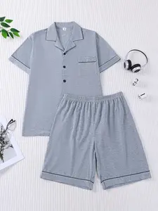 2-piece set of solid dark gray short sleeved top, shorts top, small pocket, lapel design, button closure, elastic waistband, suitable for all seasons home, daily leisure, men's pajama sleepwear set