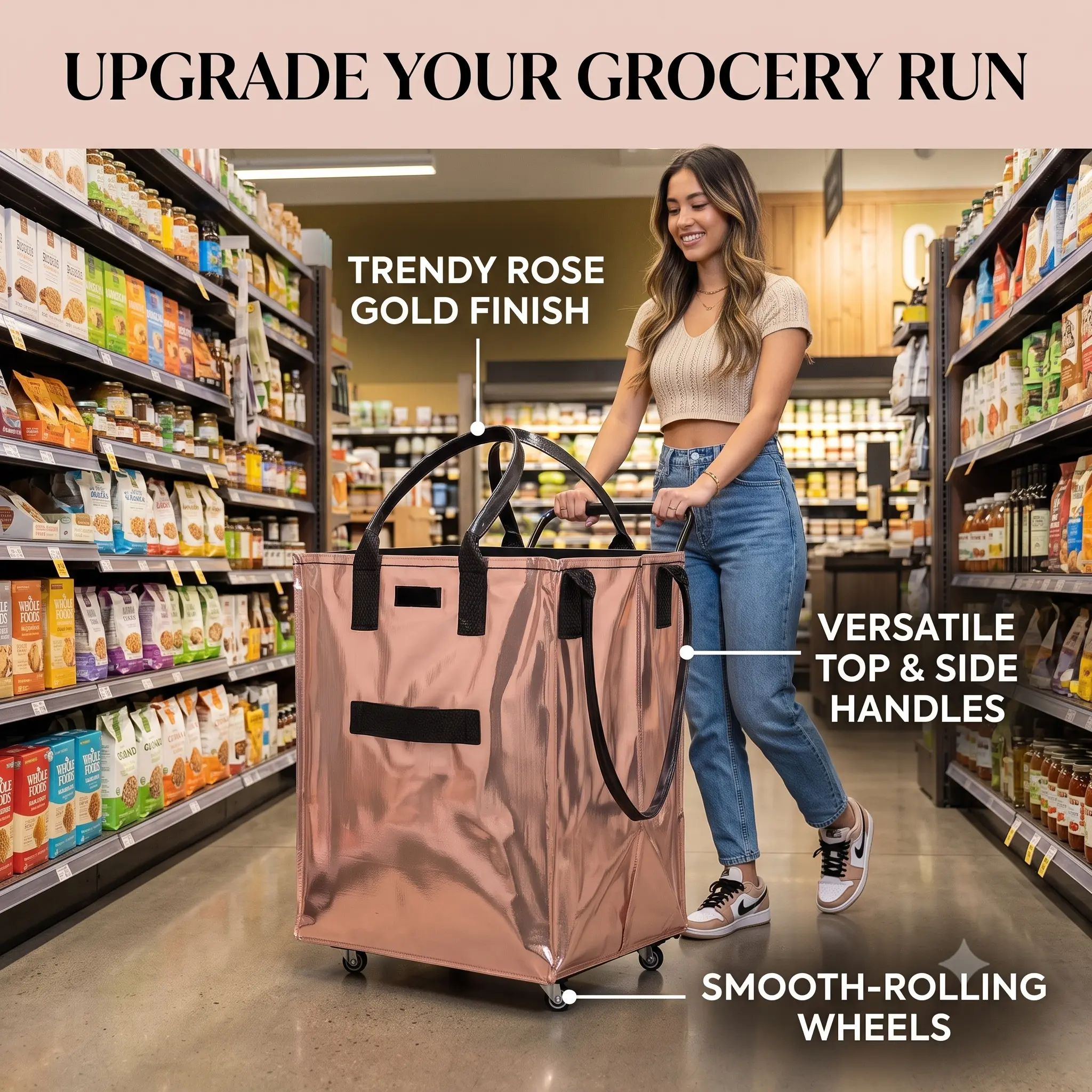 Foldable Rolling Storage Tote Bag with Wheels, Large-Capacity Reusable Organizer for Grocery, Home Storage, Portable Collapsible Shopping Bag