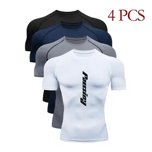 4-pack men’s compression T-shirts featuring letter print and raglan sleeves; quick-drying, moisture-wicking, breathable, stretchy slim-fit athletic tees suitable for gym workouts and running training.
