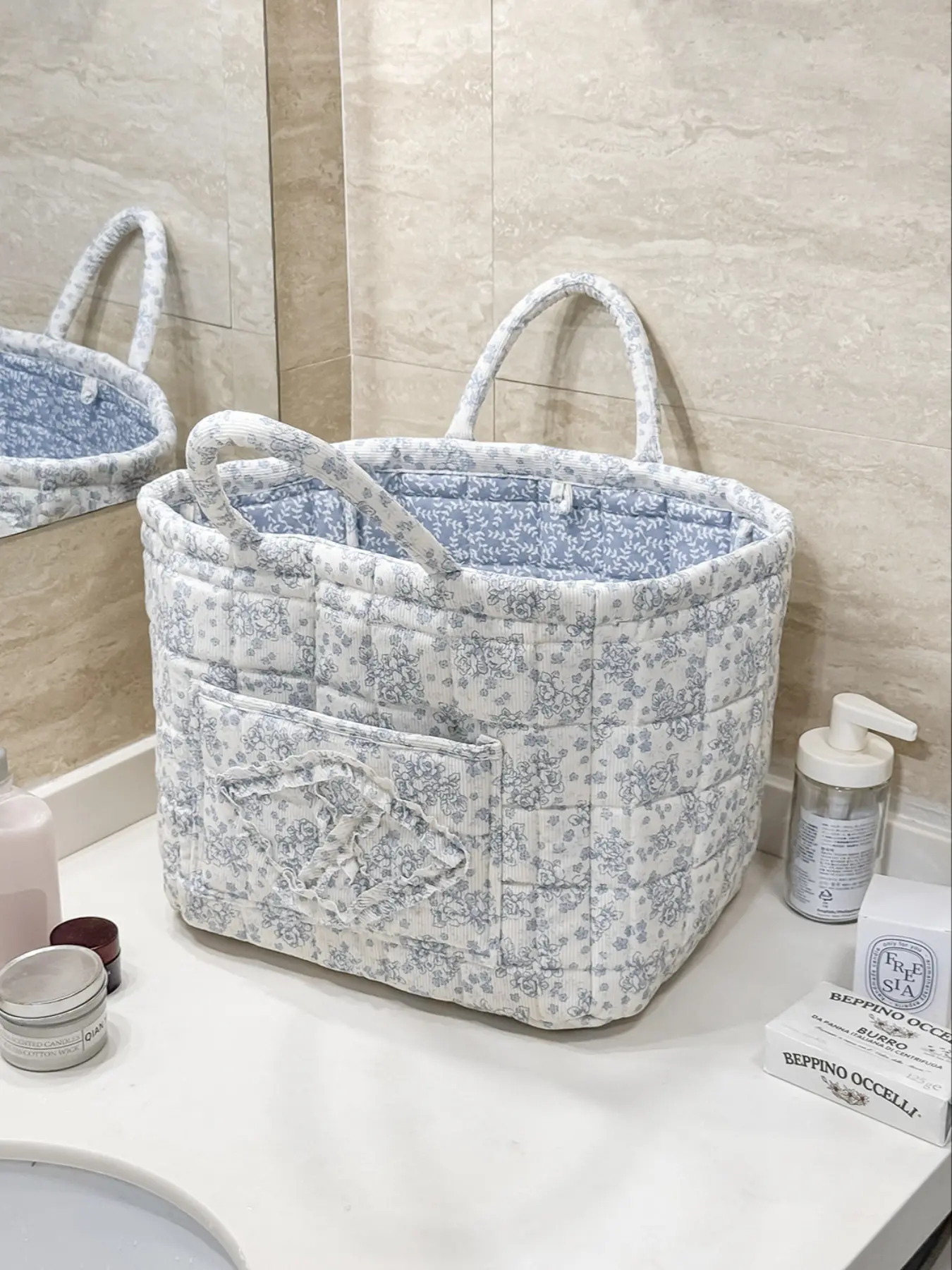 Quilted Floral Storage Basket, Car Interior & Laundry Basket, Laundry Hamper, Clothes Basket, Laundry Bin, Large Capacity, Space Saving, Multi-Purpose, Casual Style, All Seasons