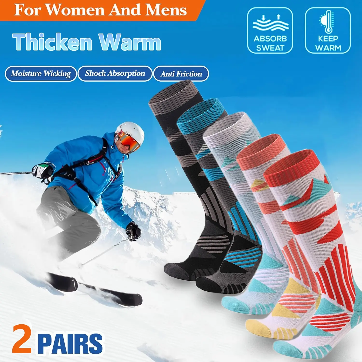 Winter Thermal Ski Socks 2 Packs for Men & Women, Outdoor Sports Hiking Snowboarding Socks, Comfortable and Warm Footwear