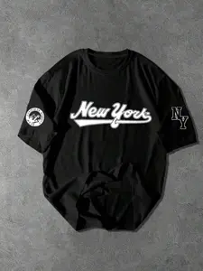 Men's New York Print Round Neck Tee, Regular Fit Casual Streetwear Short Sleeve Crew Neck T-Shirt for Summer, Fashion Men's Top for Daily Wear, Socks