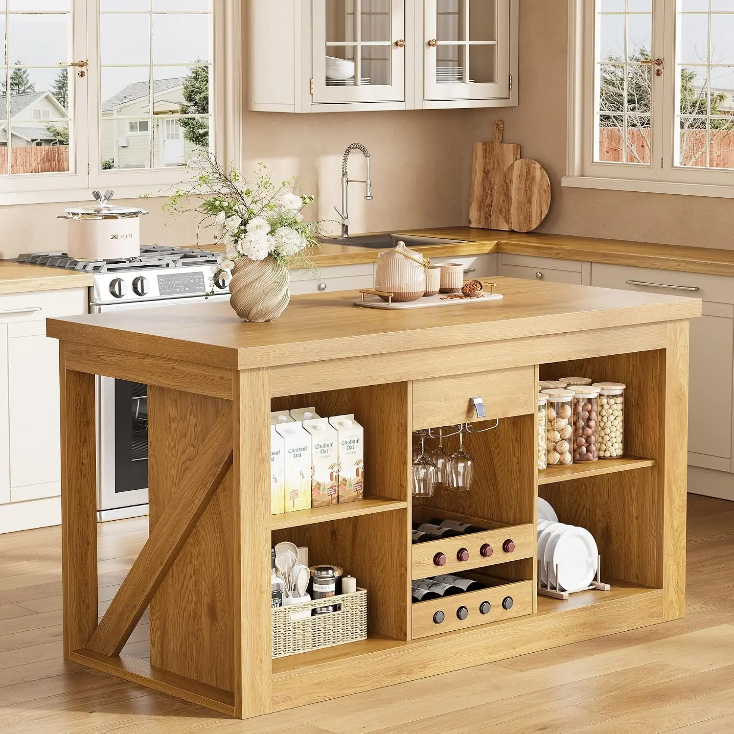 Viviwood Kitchen Island with Storage, Home Bar Island with Wine Rack, Oak | 55" Farmhouse Stationary Island Table with Seating, Adjustable Shelves, Drawer, for Dining Room