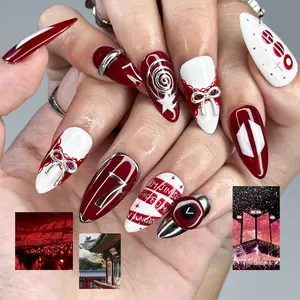 Kpop Inspired Arirang Cupid Voyage Nails | 7 Spirit Press Ons | Red White Silver Streetwear Nails |  Hip Hop Fandom Nails | TC60IK 902TLC