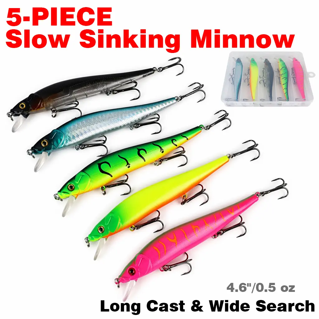 5-PCS Slow Sinking Minnow Fishing Lures 4.6" 1/2oz, Long Cast Jerkbait with Rattles & 3 Treble Hooks, Bass Trout Saltwater Freshwater Hard Swimbaits with Tackle Box
