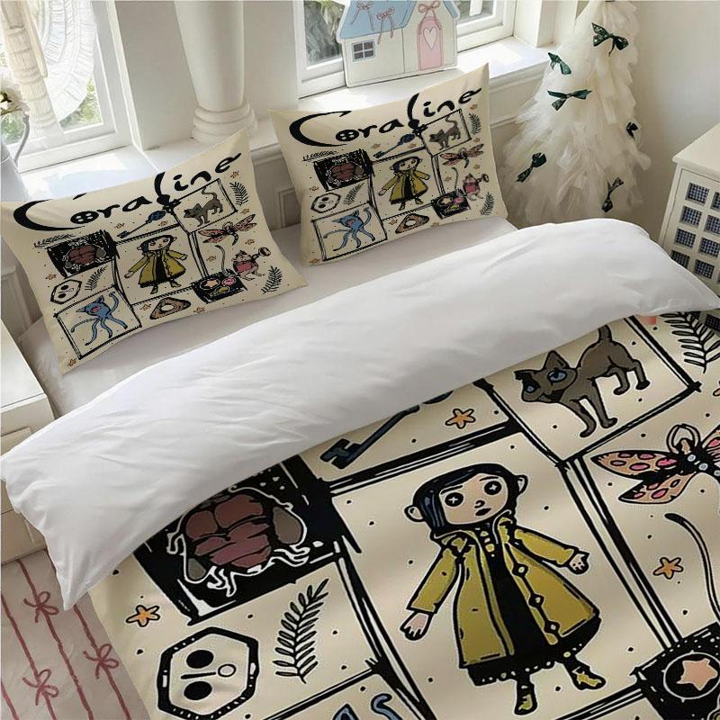 3pcs C-coraline Comic  Theme Bedding Set, Light Base, Vintage Fun Fantasy Dark Style, 1 Fitted Sheet + 2 Pillowcases, Soft