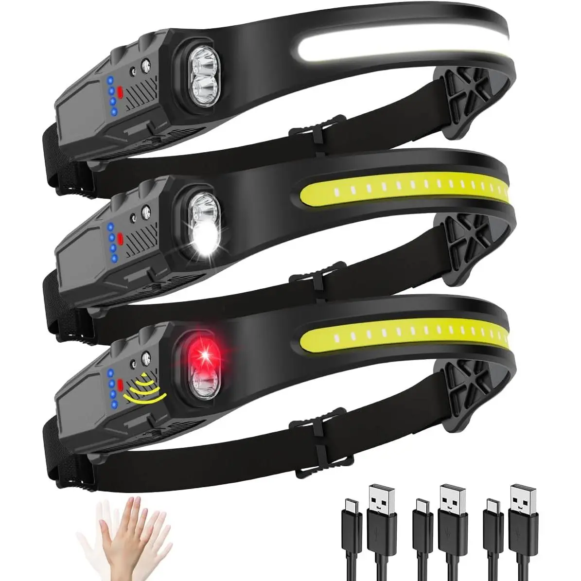 Headlamp Rechargeable 3Pack, 230? Wide Beam LED Headlamp, 7Mode Headlamps for Adults,  Lamp with Motion Sensor, Red Light  Lamps LED Rechargeable,  Lights for Forehead Running Camping