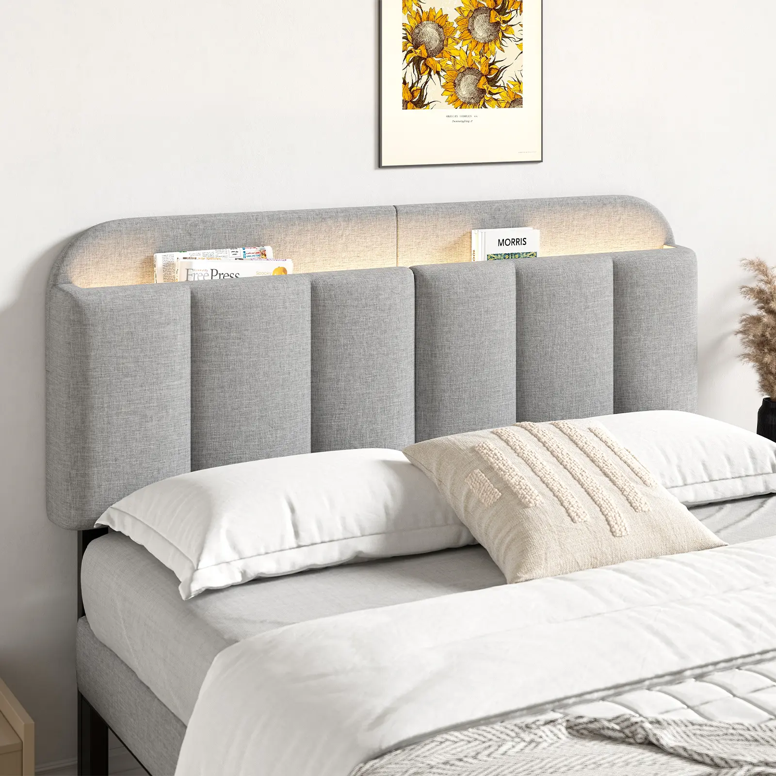 【SummerFinds】ONBRILL Adjustable Headboard for Full/Queen/King Size Beds - Premium Linen Surface, Modern Vertical Channel Design, Built-In Storage, RGB LED Light Strip, Height Adjustability, Pre-Drilled Installation Kit, Furniture