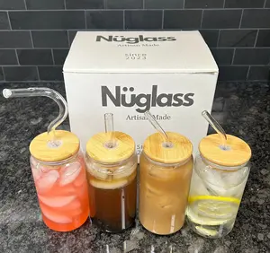 Four Pack 16Oz Glass Jars with Four Glass Straws