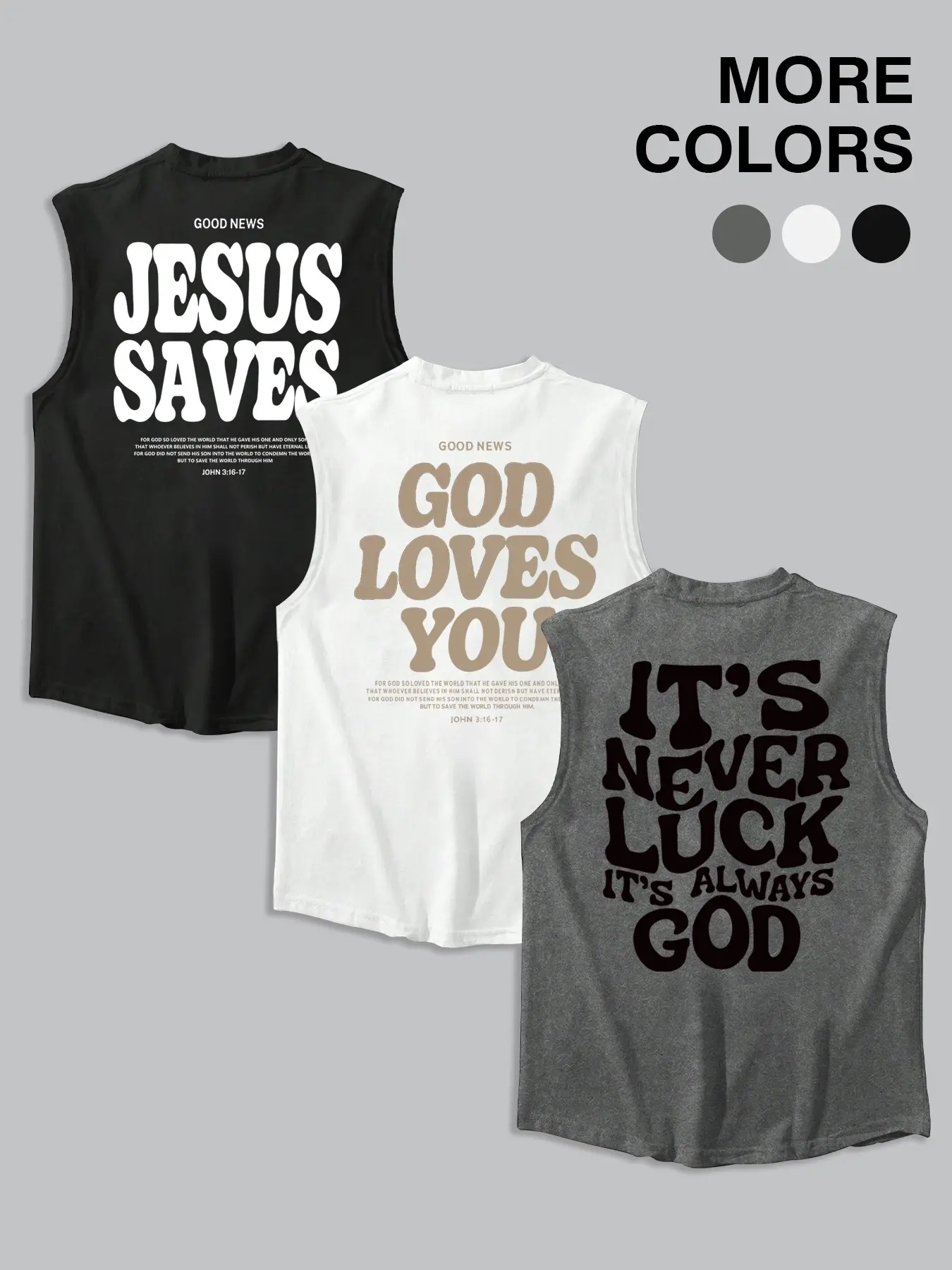 3-Pack "Jesus Saves & God Loves You" Christian Slogan Faithful Messaging Tank Tops | Faith Motivational Casual Streetwear Fashion Muscle Shirts Set Streetwear Tank Vest