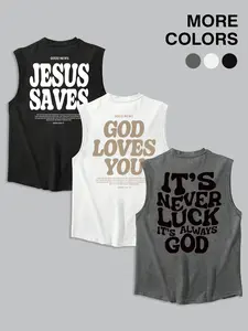 3-Pack "Jesus Saves & God Loves You" Christian Slogan Faithful Messaging Tank Tops | Faith Motivational Casual Streetwear Fashion Muscle Shirts Set Streetwear Tank Vest