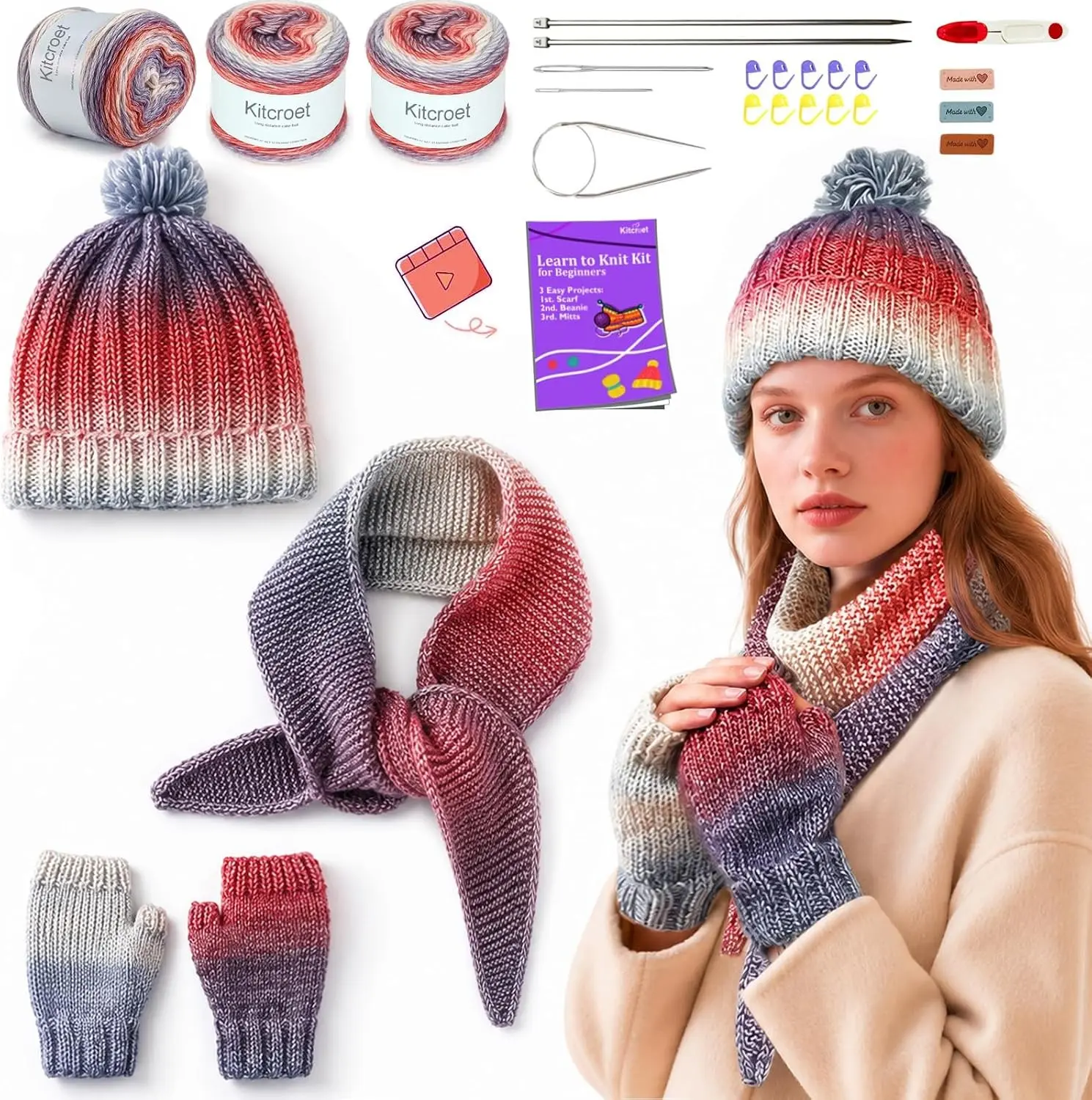 Kitcroet Knitting Kit for Beginners, Complete Learn to Knit Starter Kit with Scarf, Hat & Gloves, Video Tutorials & Written Instructions, 25% Extra Yarn, Knitting Set for Beginners, Amethyst Ombre Gift