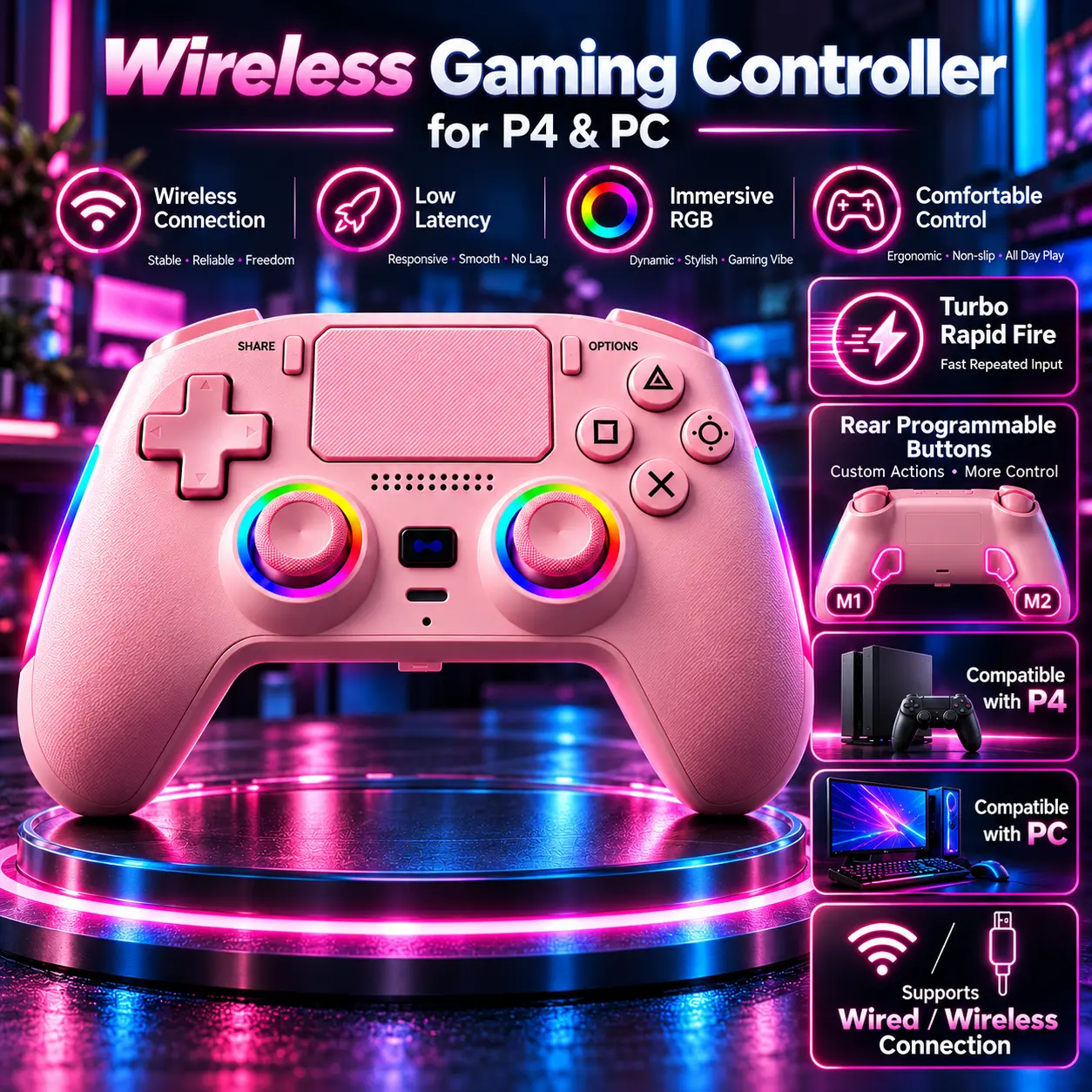 Wireless PS4 Controller with Hall Effect Joysticks, RGB Lights, Macro Programming, Turbo Fire, 6-Axis Motion Control, Bluetooth Gamepad for PS4 Slim, PS4 Pro