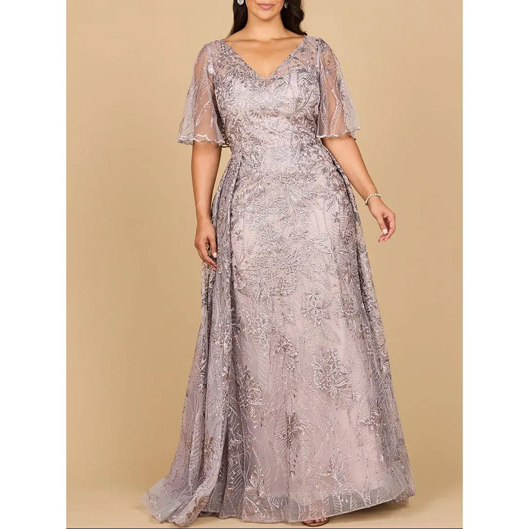 Lara 28880- Overskirt Lace Fitted V-Neck Gown with Cape Sleeves