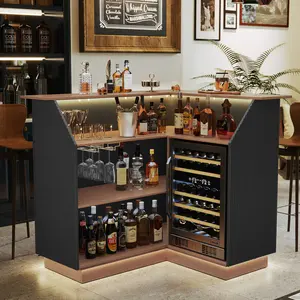 HLR L Shaped Home Bar Cabinet with Fridge Space, Oversized Modern Basement Coffee Bar Table with LED Strip, Fluted 4-Tier Corner Wine Cabinet with Stemware Racks for Dining Living Room, Black