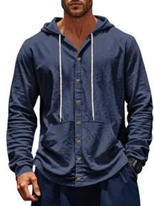 1 Pack Men's Solid Hooded Linen-Like Button-Up Shirt, Breathable Casual Top with Kangaroo Pocket, Spring/Fall Essential, Men's Wardrobe Must-Have, Ideal for Home/Outdoor/Travel, Great Father's Day Gift, All-Scenario Daily Wear