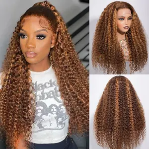 Honey Blonde Ombre Lace Front Wig Human Hair 13x6 Highlight Deep Wave Curly Wig 4/27 Colored HD Transparent Lace Front Wigs Pre Plucked with Baby Hair 180% Density 30 Inch