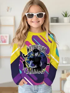 Wednesday yellow and purple contrasting color digital printed long-sleeve crewneck drop-shoulder sweatshirt top T-shirt, long-sleeve T-shirt clothing for girls in spring and autumn, 100% polyester, the best gift for girls