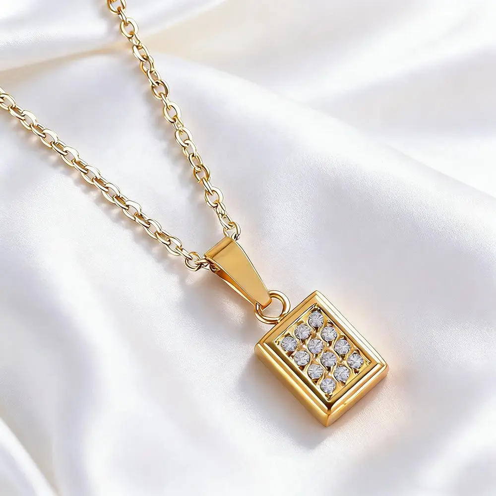 Waterproof Square Pendant Necklace  316L Stainless Steel PVD Gold Plated