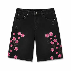 Men’s loose cherry blossom embroidered denim mid-length shorts, black, vintage washed, wide-leg