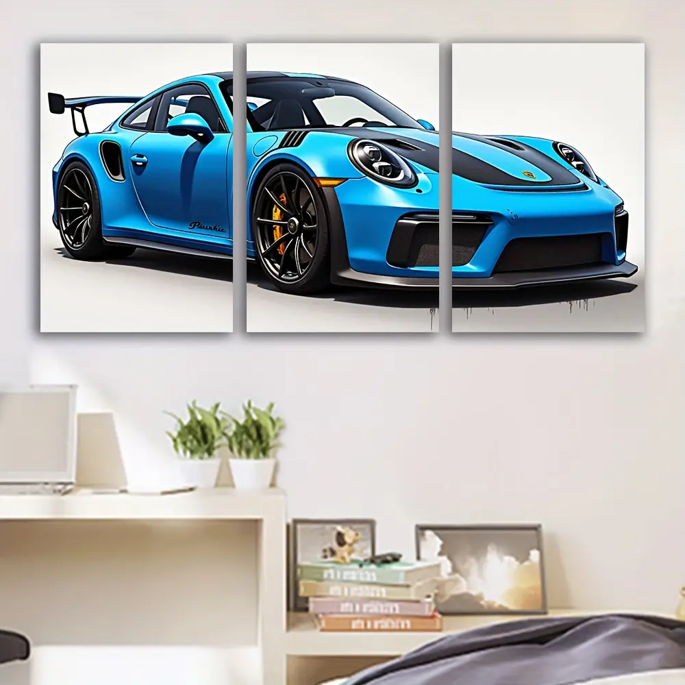 3-Piece Porsche GT3 RS Blue Canvas Wall Art – Modern Supercar Poster Set for Living Room, Office & Car Lovers’ Decor