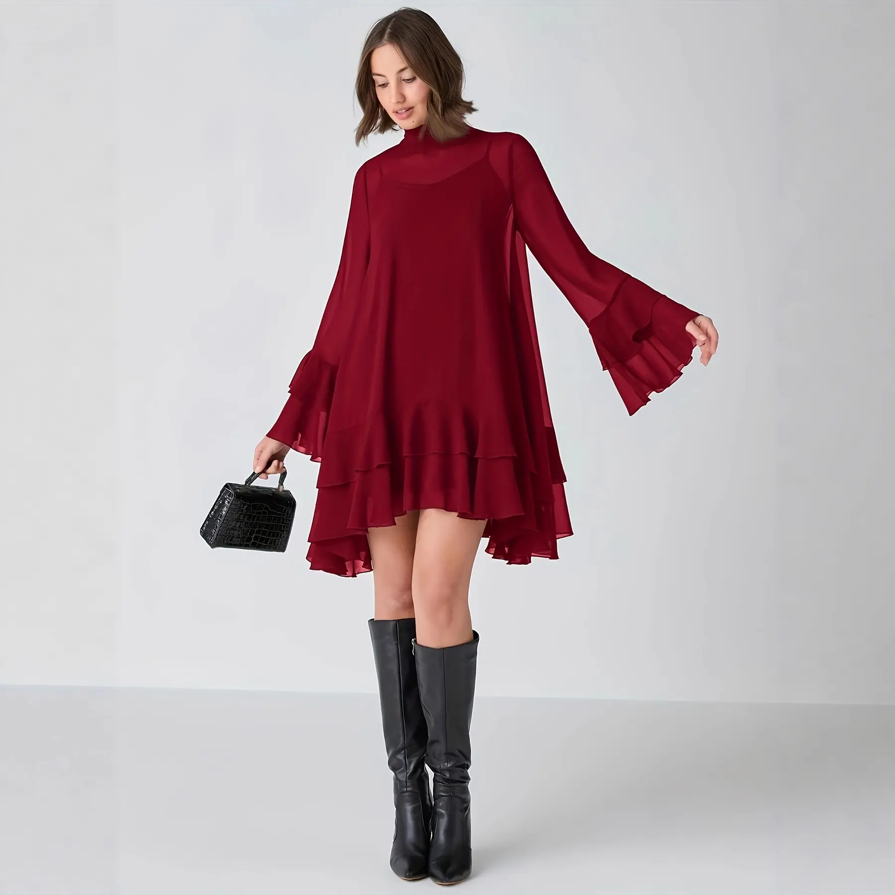 Women's Ocean-Style Sheer Chiffon Mini Dress - Mock Neck, Flare Long Sleeves, Loose Fit, Matching Garment, INS Fashion Casual Wear, Mockneck Casual Dresses, Long-Sleeve Casual Dresses