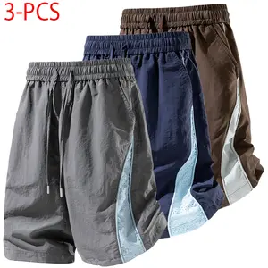 3-Pack American Retro Color-Block Drawstring Elastic Waist Shorts with Pockets — Men’s Summer Fashion Ice Silk Breathable Quick-Dry Lightweight Loose Beach Shorts for Sports/Fitness/Running, Everyday Wear, Vacation #SummerWins