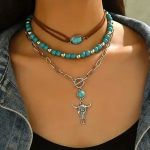3pcs Vintage Bohemian OT Chain, Bull Head Cap, Beaded Necklace, Western Cowboy Ethnic Style Women's Fashion Pendant Necklace