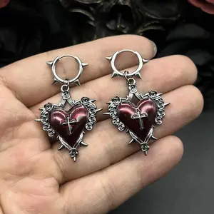 Goth Jewelry Thorns Heart Cross Earrings Red Drip Oil Rose Flower Earrings for Women Punk Charms Accessories Grunge Earrings