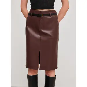 Cider [size 2-10] Faux Leather Mid Rise Solid Split Midi Skirt With Belt