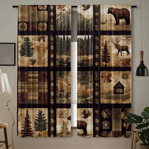 [Vintage Animal Curtains] 2pcs Set Vintage Rustic Animal Curtains - Brown Bear & Deer Print, Rod Pocket Design for Bedroom and Living Room Decor, Footprints Theme, Draperies, Home Decoration Curtain