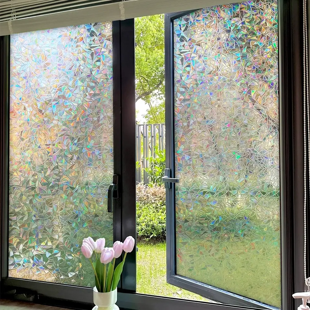 Window Privacy Film Colorful Glass Rainbow 3D Prism Decorative Window Sticker Static Adhesive Sun Catcher UV Protection Home Insulation Decorative Stickers Decorative Decal Adhesive Decals