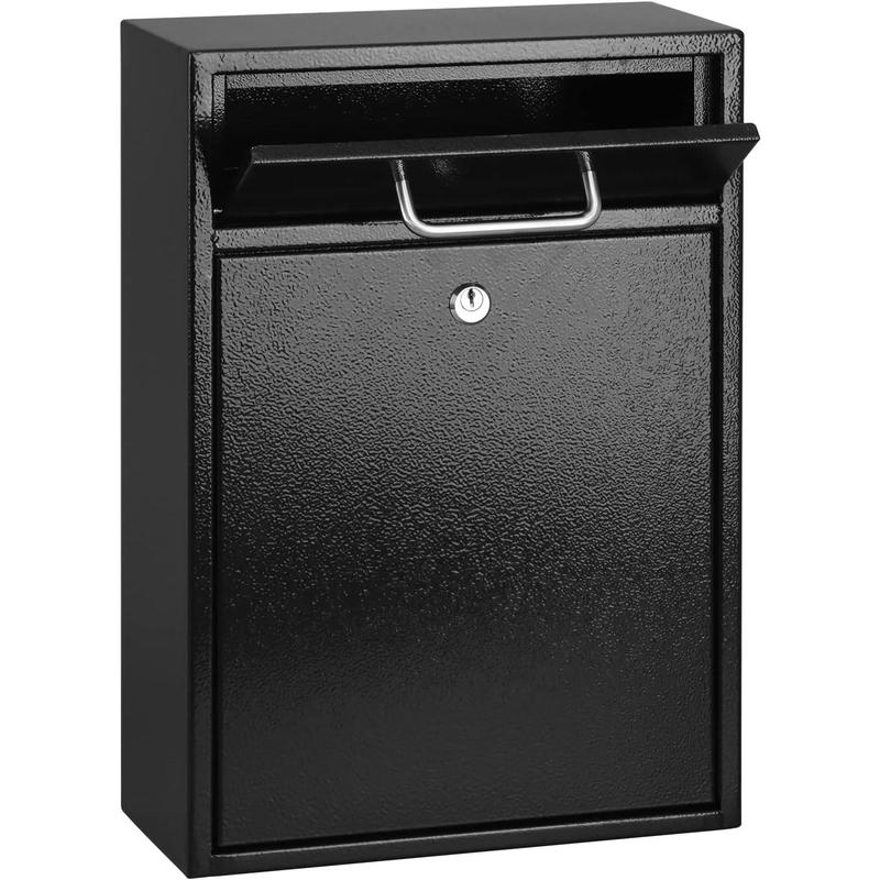 Metal Mailbox Wall Mount, Large Locking Mailbox with Key Lock, Hanging Secure Postbox,  Key Drop Box, Collection Boxes, Black, 17.6H x 12.2L x 5.7W Inches, XL Large