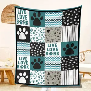 Live Love Bark Teal Black Dog Paw Patchwork Fleece Blanket Paw Print Bone Chevron Star Striped Throw Ultra Soft Warm Flannel Bedding for Bed Couch Sofa All Season Gift for Dog Lovers