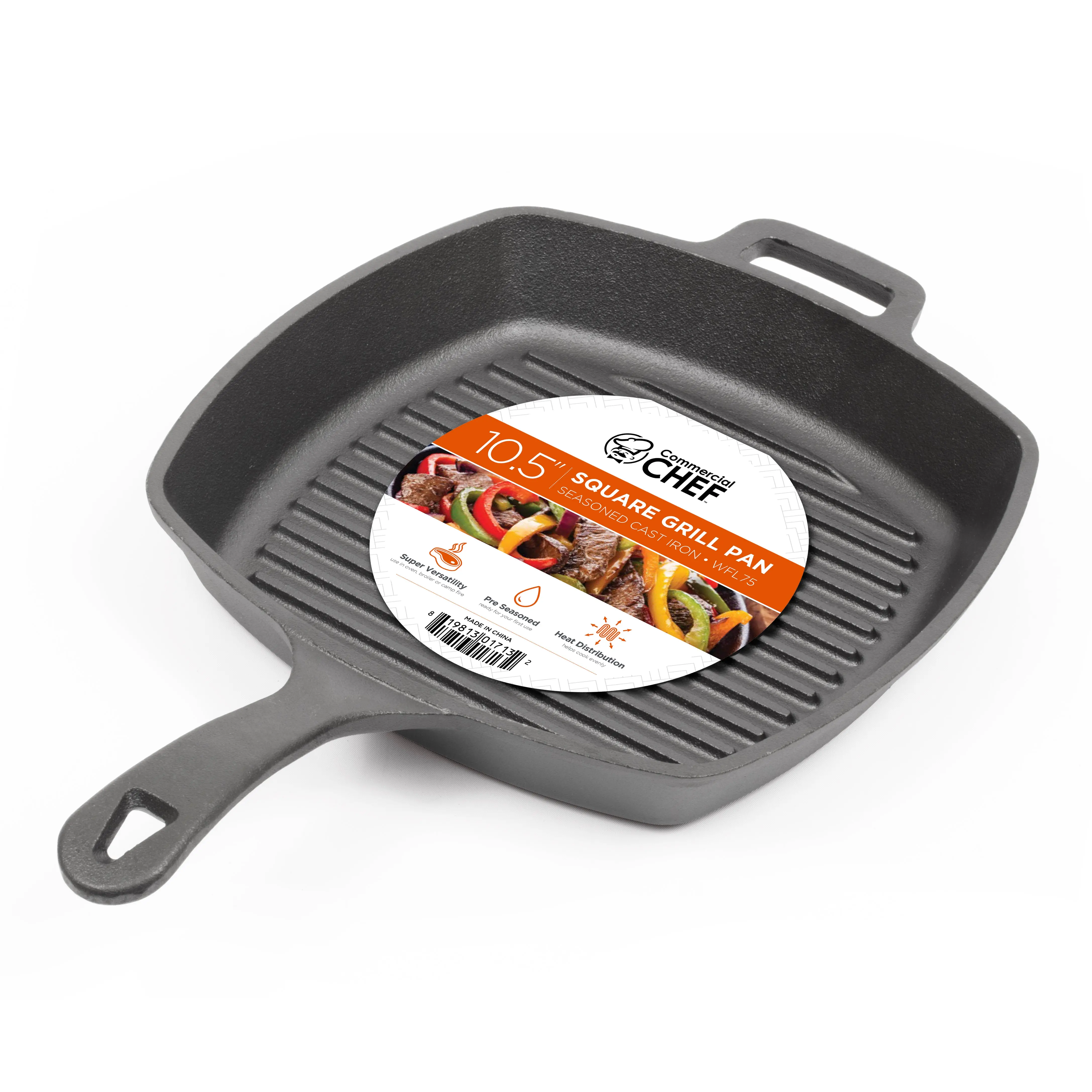 Commercial Chef 10.5-Inch Cast Iron Square Grill Pan, Pre-Seasoned Cast Iron, Integrated Hanging Hole in Handle, Works on All Cooktops Including Induction, Outdoor Skillet for Campfires, CHFL75