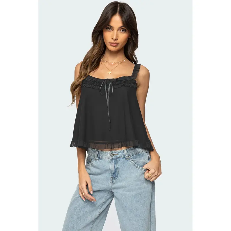 Ruffle Mesh Babydoll Tank Top