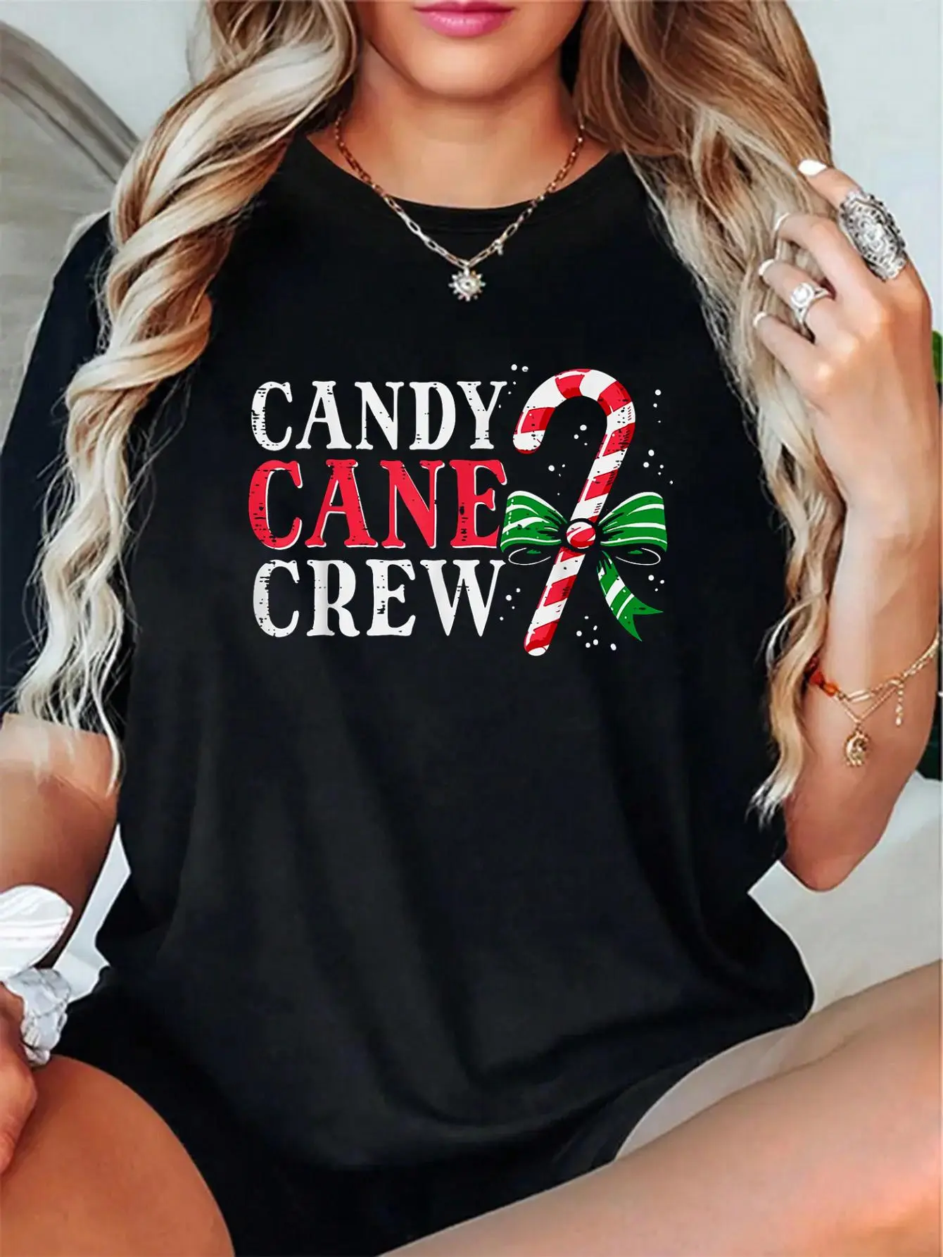 Women's Candy Cane Squad Christmas T-Shirt, Soft 100% Cotton Loose-Fitting Graphic Top for Casual Holiday Parties, Party, Cute, Style, Breathable, Short Sleeves, Vibe, All Seasons, Candy Cane Squad Print, Crew Neck