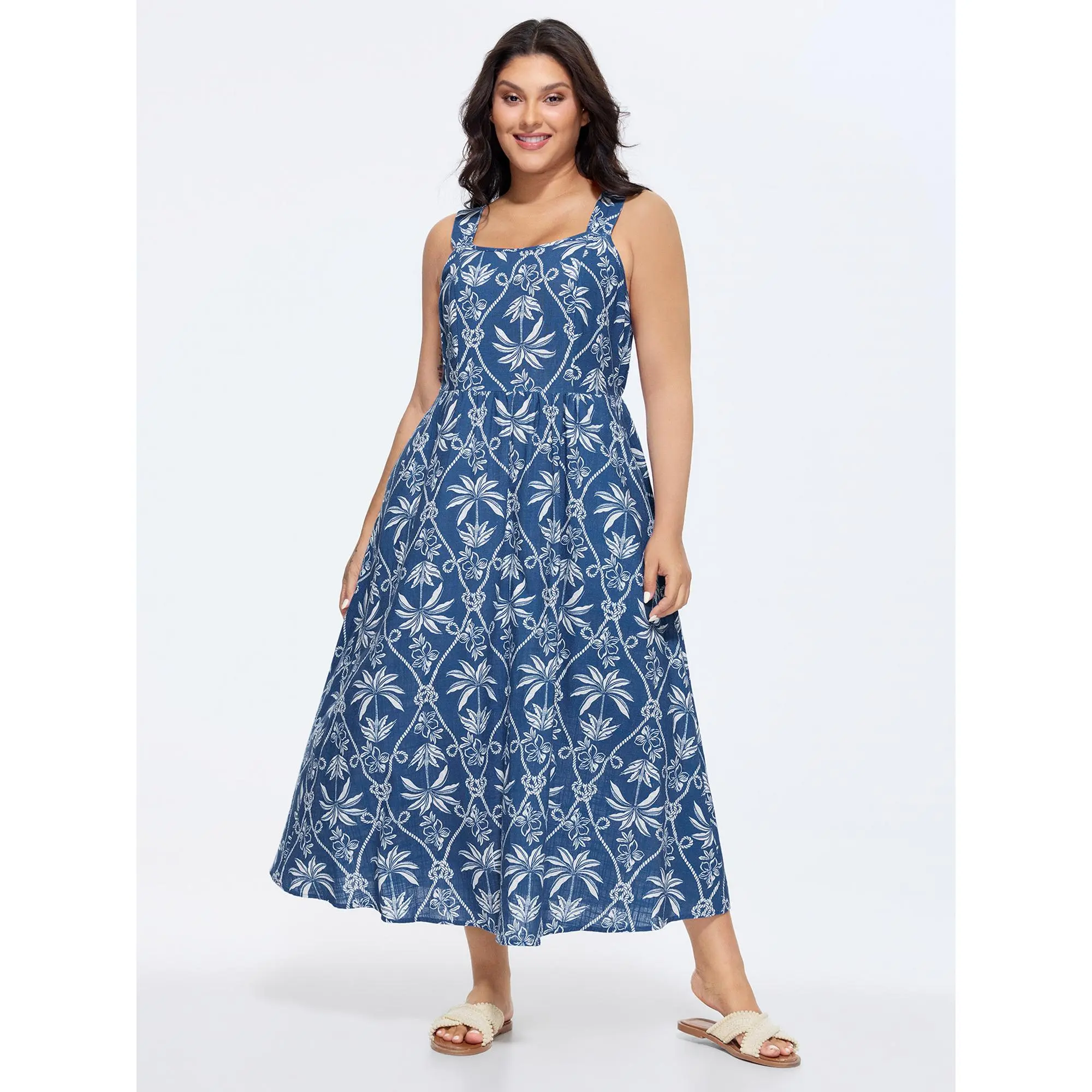BloomChic Women's Plus Size Tropical Palm Print 100% Cotton Flowy Maxi Dress, Sleeveless Square Neck Summer Casual with Side Pocket, Style, Lady, Low Iron, Plants, Modest Fashion, Plus Size Clothes, Maxi Dress For Women, Tropical Dress