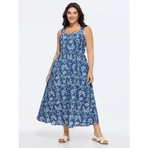 BLOOMCHIC Plus Size Cotton Tropical Print Wide Straps Flowy Maxi Dress [M-6X]2026 Summer Vibes Swimweek