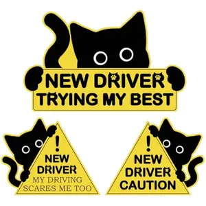 3PCS Funny New Driver Car Magnets – Cute Black Cat Design Please Be Patient, Safety Warning Signs for Student Drivers