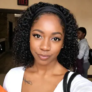 Deep Wave Headband Wig Synthetic Hair 14 Inch Curly Headband Wigs for Women Synthetic Fiber Glueless Wear and Go Wigs 150% Density Natural Black Color