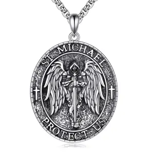 S925 Men's Sterling Silver Saint Michael Religious Pendant Necklace with Engraved Words Sterling Silver TikTokShopBlackFriday