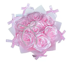Pink Bow Coquette Handmade Eternal Ribbon Roses Bouquet with Pearl Bow Elegant Design for Birthdays Valentine's Day Mother's Day Artificial Plants Decorative Gift