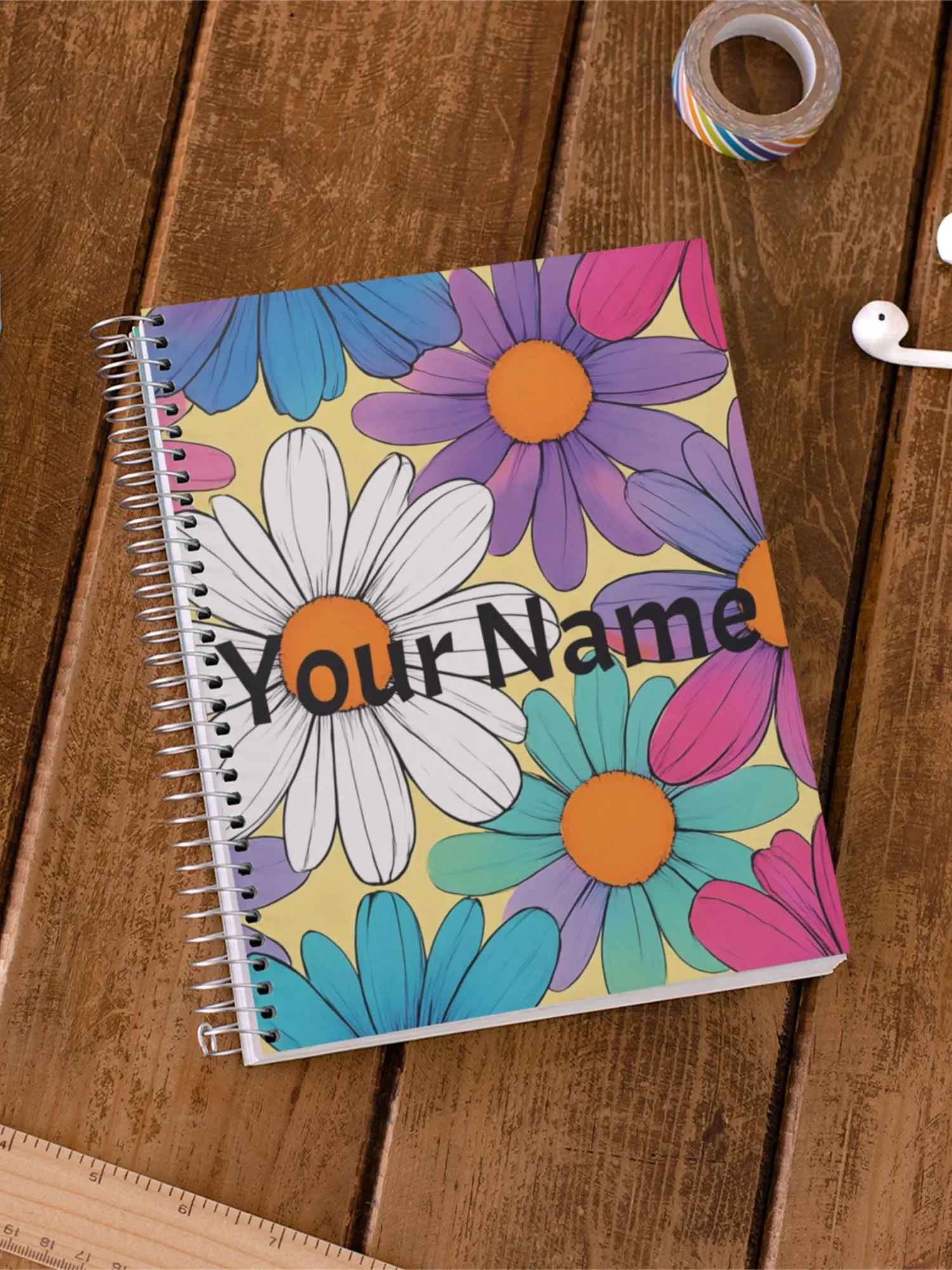 Personalized Floral Daisy Spiral Notebook - Ruled Line, Customized Flower Journal, Botanical Notepad, Gift for Student or Writer, College