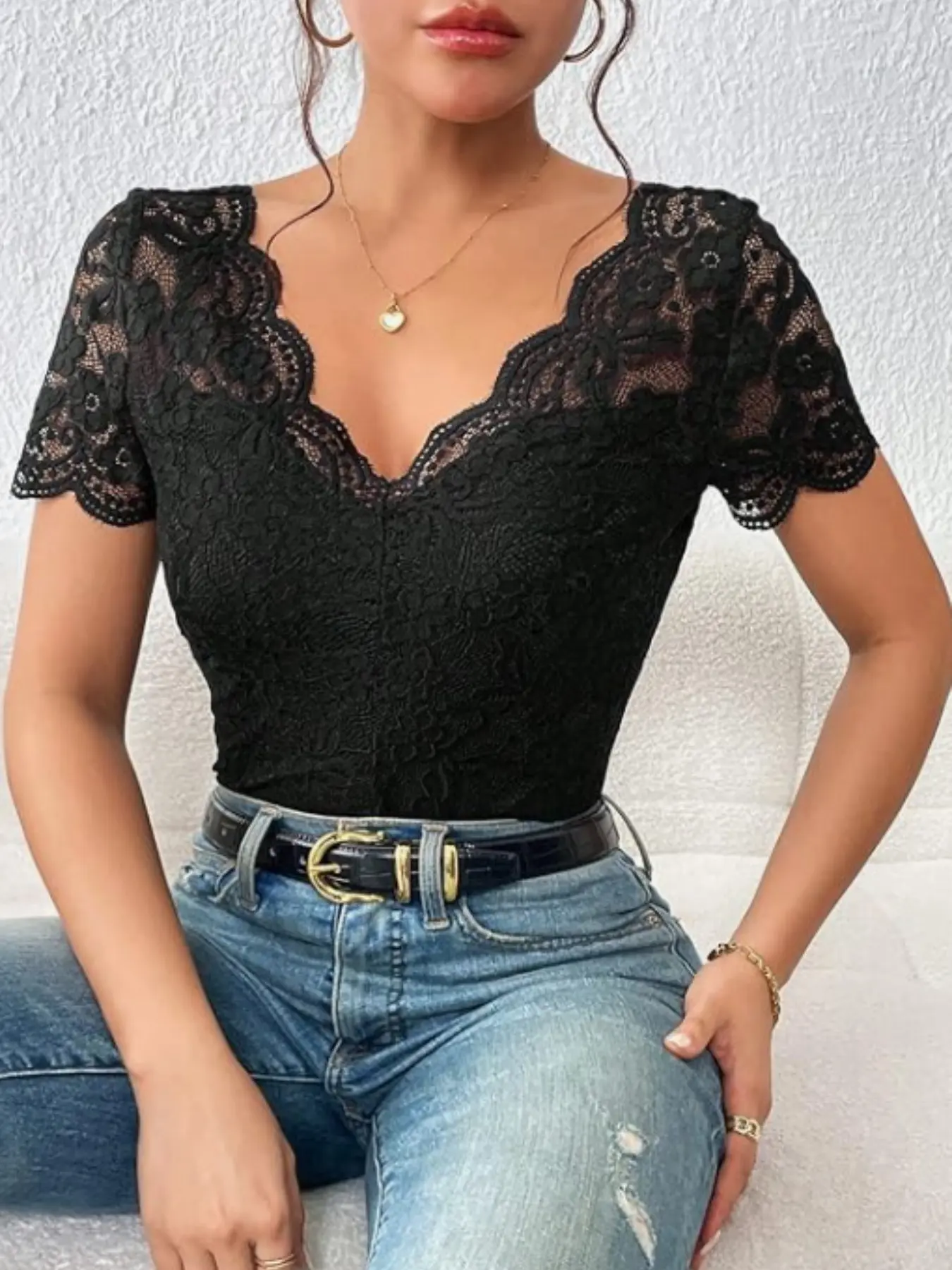 Dark Coquette Black Lace Top Women Sexy V Neck Short Sleeve, Lightweight Sheer Bodysuit Scallop Edge Goth Curve Hugging Fitted True to Size Figure Flattering Casual Chic Going Out Date Night Outfit Spring Summer TikTok Fashion Must Haves Piece