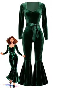 Green 1970s Sweetheart Flare Leg Velvet Jumpsuit