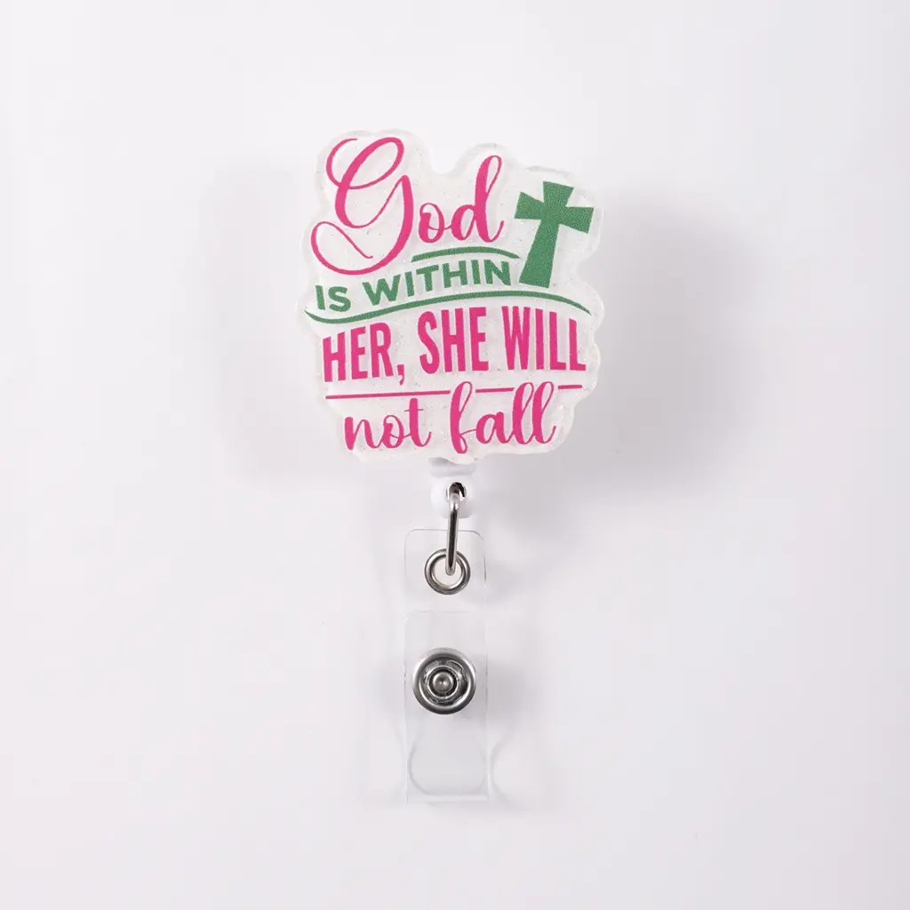 1pc Cross Decoration, 'god Is Within Her' ID Card Holder Clip, Nurse Badge Reel, Powerful Design, Christian Jewelry Accessory, Badge Accessories