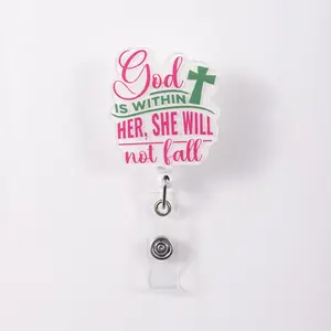 1pc Cross Decoration, 'god Is Within Her' ID Card Holder Clip, Nurse Badge Reel, Powerful Design, Christian Jewelry Accessory